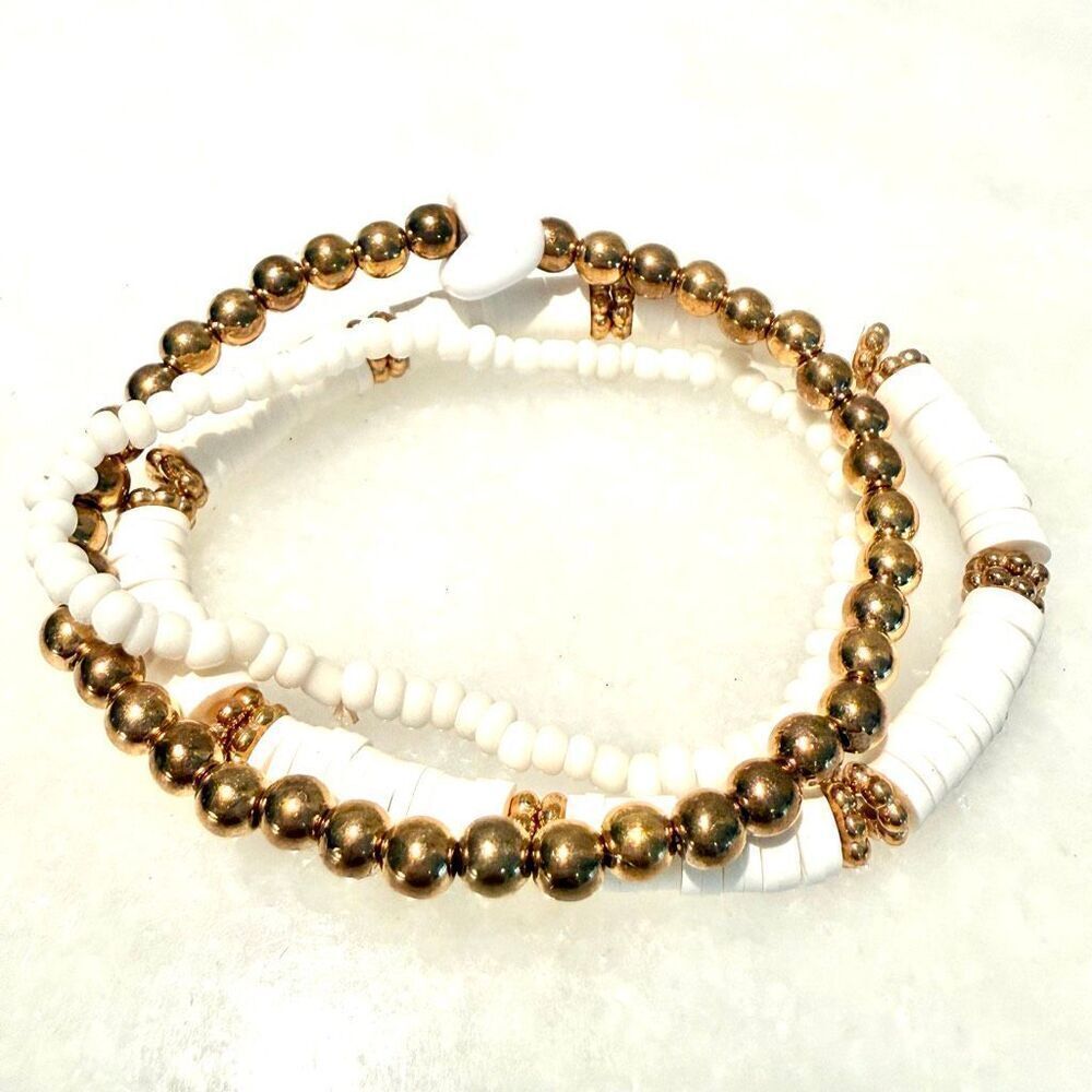 NWOT Lot of 3 Francescas Mixed Heishi Shell Beaded Bracelets Gold-tone White